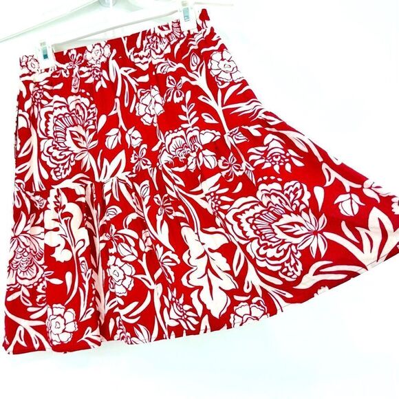 Knox Rose Red White Floral Bird Print Tassel Drawstring Tiered A Line Skirt - Picture 6 of 10